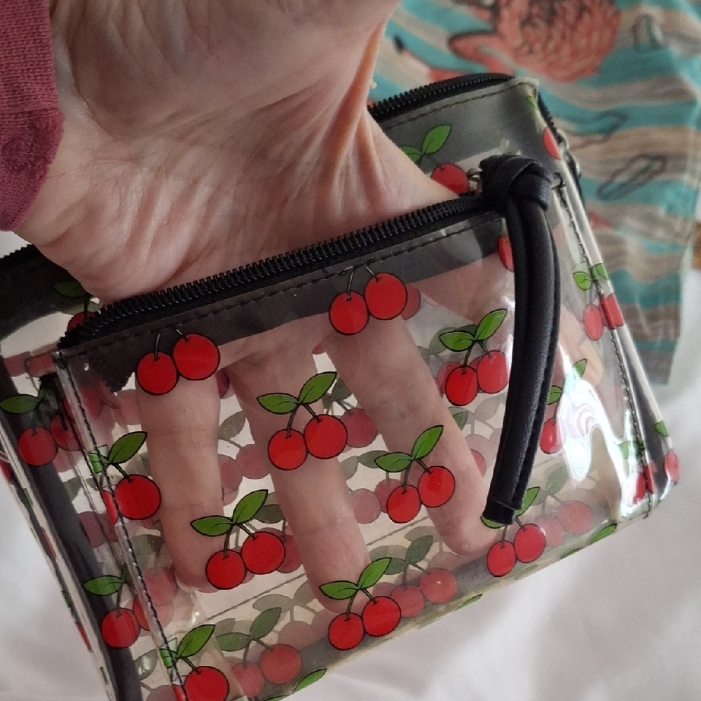 Clear Cherry Print Cosmetic Pouch - Red & Green